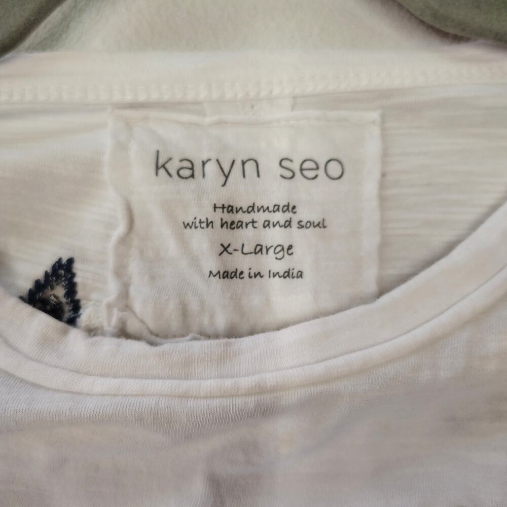 Karyn Seo XL White Embroidered Star Tee Boho Raw Edge Handmade India Top - Picture 3 of 15
